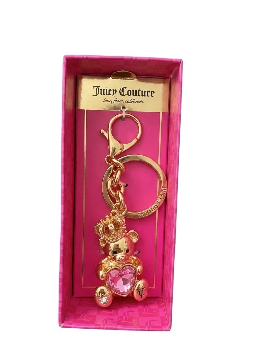 Juicy Couture Gold-Tone Teddy Bear Keychain with Pink Heart - Picture 1 of 2